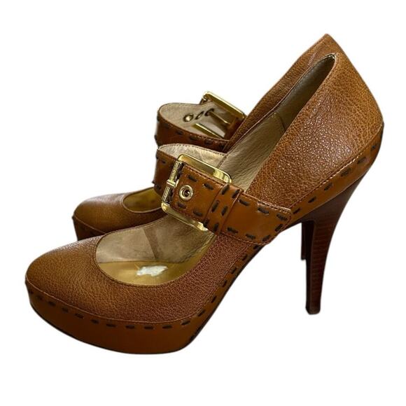 Michael Kors Handcock Mary Jane Platform High Heel Leather Cognac Brown Size 7.5 - Picture 1 of 12